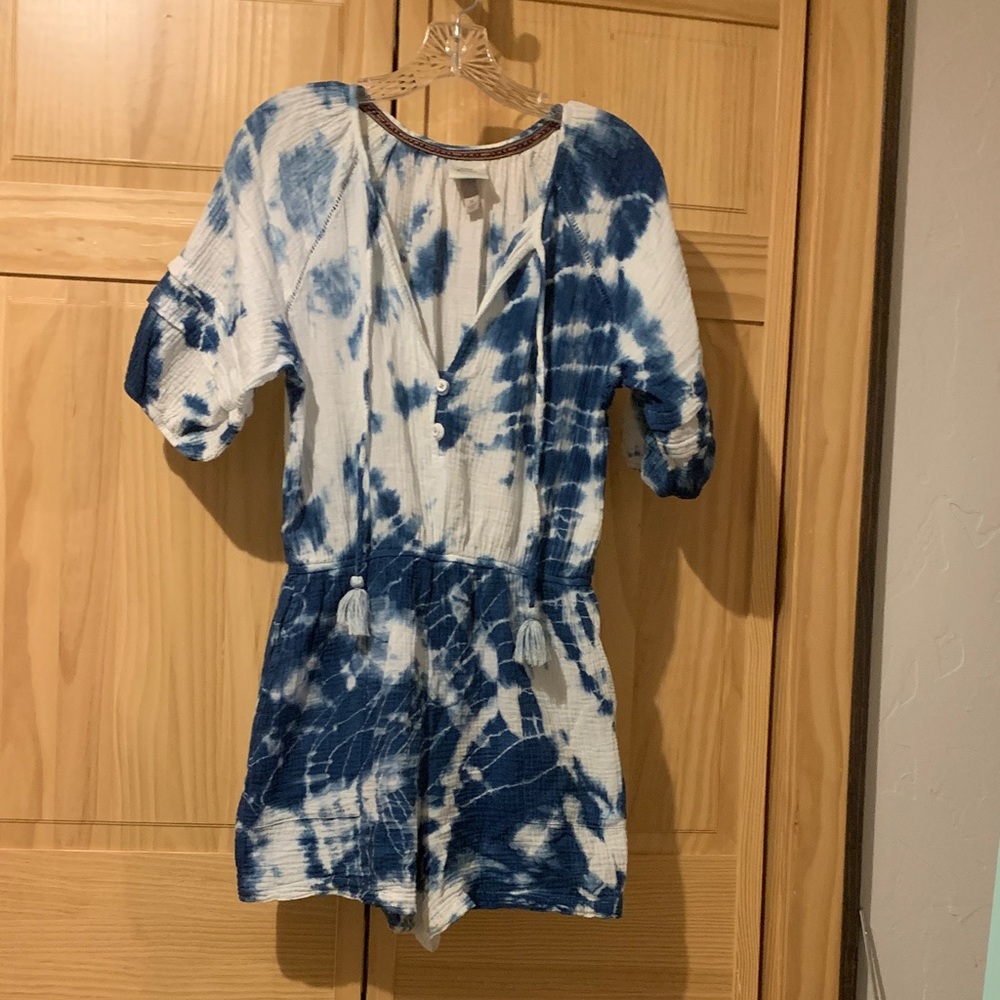 Knox Rose Indigo Blue and White Shorts Romper with Embroidered Trim